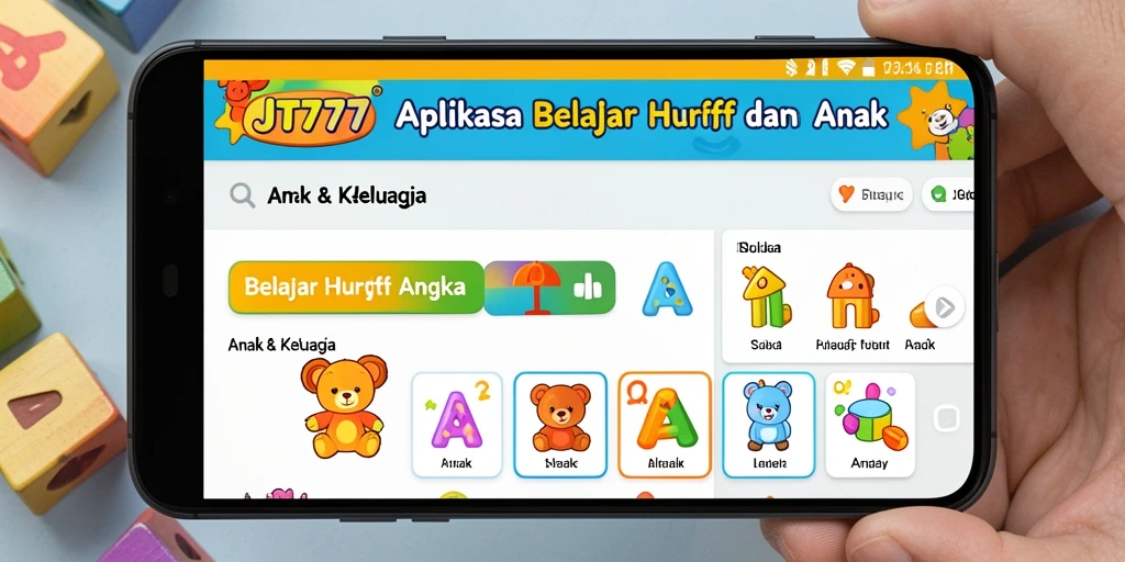 Antarmuka aplikasi JT777 untuk belajar huruf dan angka.