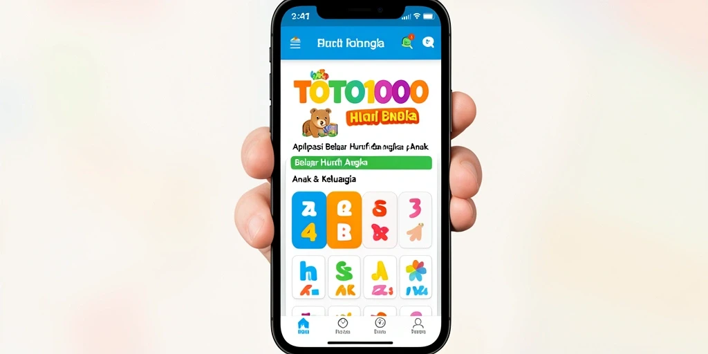 Screenshot aplikasi TOTO1000 dengan antarmuka belajar huruf dan angka.